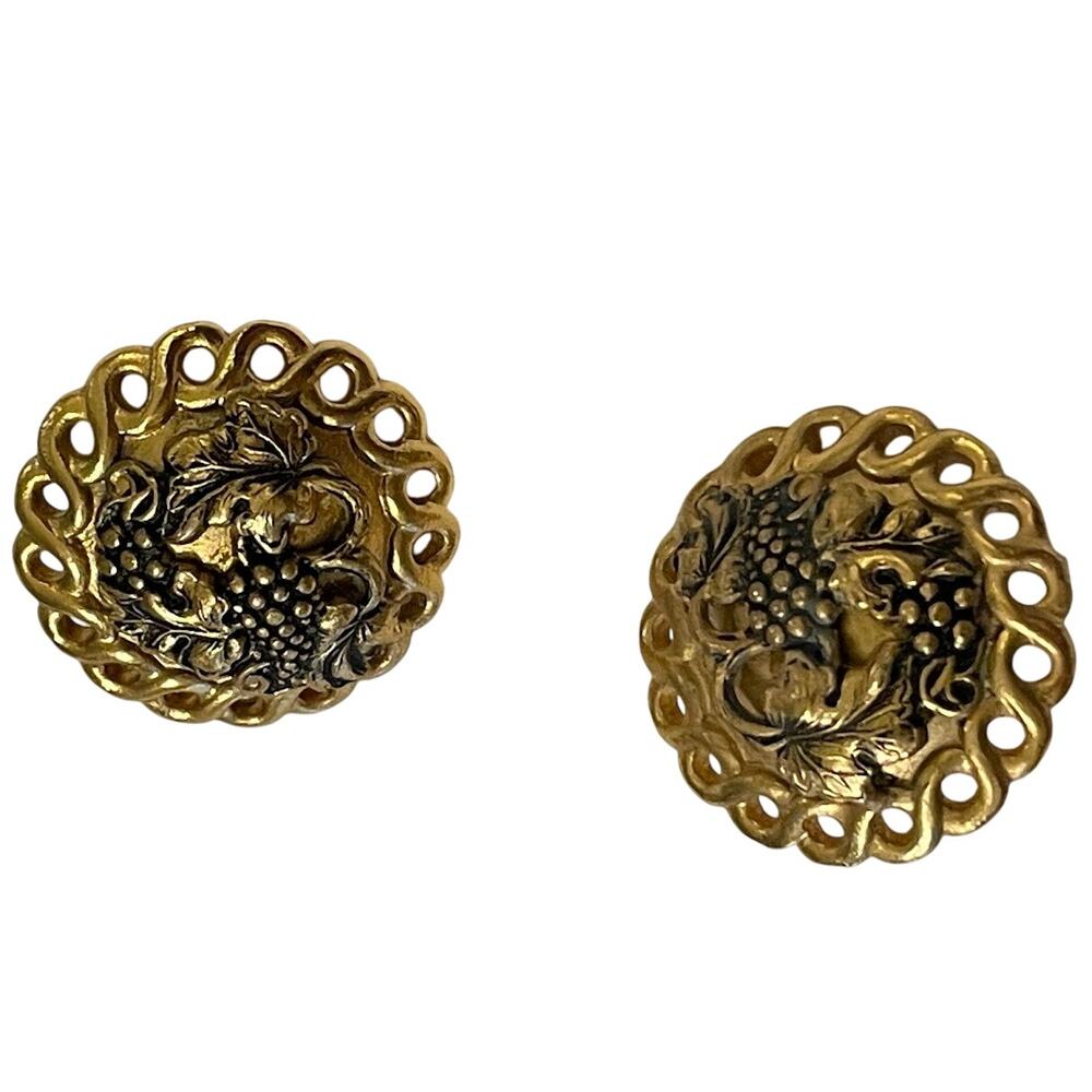 Antique Gold Clip On‎ Earrings Grape Cluster Leaf Detail Stud Vintage Gold Tone